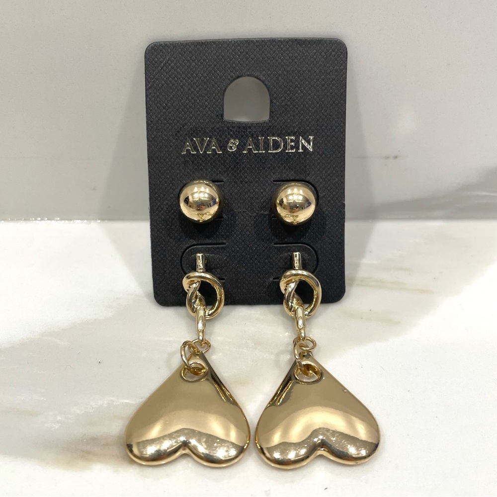 🟤2/$25 NEW Ava & Aiden Round Studs & Dangle Heart Earrings Set